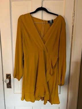 AX Paris Mustard Wrap-Style Long Sleeve Ruffle Dress Size 18 (NWT)